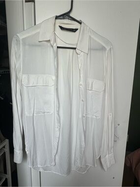 Zara White Button-Down Satin Utility Shirt